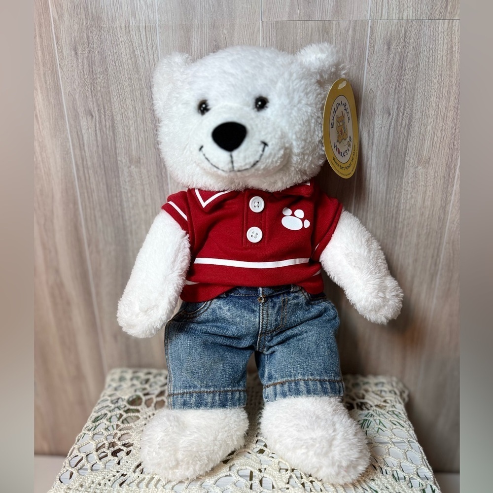 Build A Bear Charming Plush White Teddy Bear with Red Shirt and Denim Pants